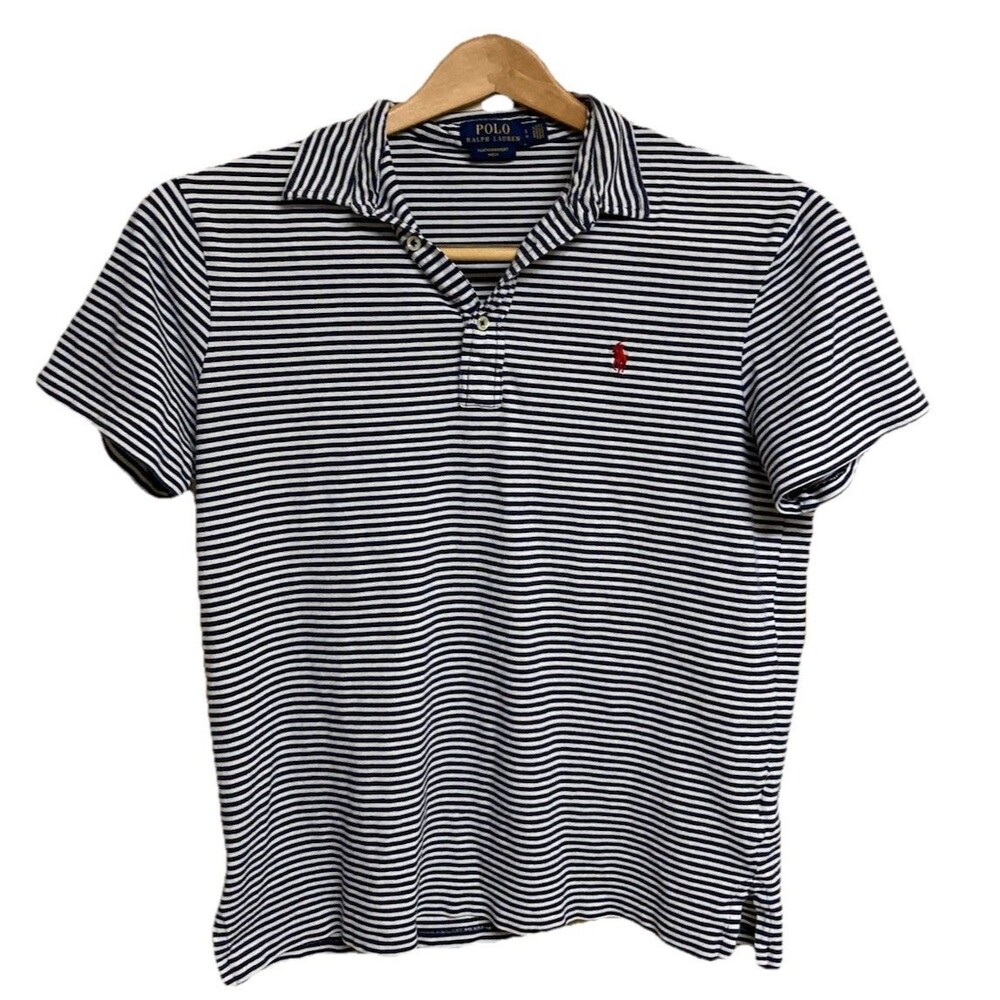 Men's Polo Ralph Lauren Featherweight Mesh Polo Navy White Striped Knit Size L